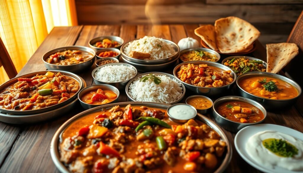 A sumptuous spread of aromatic North Indian thalis, artfully arranged on a rustic wooden table. In the foreground, a delectable array of curries, dals, rice, and freshly baked naan, each dish bursting with vibrant colors and tantalizing flavors. The middle ground features an assortment of pickles, chutneys, and cooling raitas, complementing the main courses. In the background, a warm, golden light illuminates the scene, creating a cozy and inviting ambiance. The overall composition evokes the rich culinary heritage and vibrant culture of North India, perfectly capturing the essence of a traditional and authentic thali dining experience.