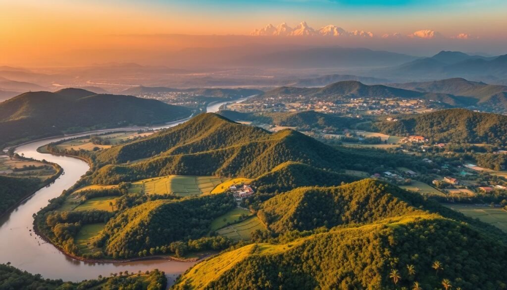 A sweeping aerial view of Eastern India's lush, verdant landscapes, dominated by the mighty Ganges and Brahmaputra river systems. In the foreground, a winding river snakes through verdant, rolling hills dotted with rural villages and golden paddy fields. In the middle distance, dense, ancient forests give way to the silhouettes of majestic Himalayan peaks, their snow-capped summits glowing warmly in the golden light of the setting sun. The atmosphere is one of timeless tranquility, with a soft, diffused natural illumination that highlights the region's serene, picturesque beauty.