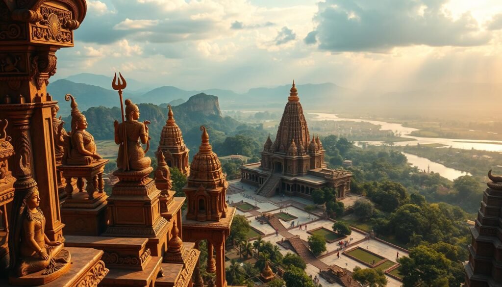 A sweeping panorama of the vast and captivating realm of Indian mythology. In the foreground, intricate carvings and sculptures depict the diverse pantheon of deities, each imbued with their own unique powers and compelling narratives. In the middle ground, a majestic temple rises, its spires reaching towards the heavens, adorned with ornate architecture that whispers of ancient civilizations. The background is a dreamscape of lush, verdant landscapes, punctuated by towering mountains and shimmering rivers, creating a sense of timeless grandeur. Warm, golden lighting casts a reverent glow, evoking a sense of reverence and wonder. Captured through a wide-angle lens, this scene offers a visually stunning introduction to the rich tapestry of Indian mythology. A sweeping panorama of the vast and captivating realm of Indian mythology. In the foreground, intricate carvings and sculptures depict the diverse pantheon of deities, each imbued with their own unique powers and compelling narratives. In the middle ground, a majestic temple rises, its spires reaching towards the heavens, adorned with ornate architecture that whispers of ancient civilizations. The background is a dreamscape of lush, verdant landscapes, punctuated by towering mountains and shimmering rivers, creating a sense of timeless grandeur. Warm, golden lighting casts a reverent glow, evoking a sense of reverence and wonder. Captured through a wide-angle lens, this scene offers a visually stunning introduction to the rich tapestry of Indian mythology.