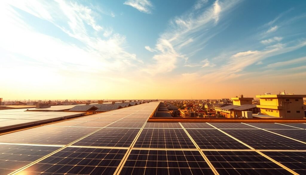 A sweeping panoramic view of a rooftop solar installation, bathed in warm golden sunlight. In the foreground, rows of gleaming photovoltaic panels, their surfaces reflecting the sky above. In the middle ground, the angular silhouettes of neighboring buildings, their roofs also dotted with solar panels, creating a unified energy-generating landscape. The background stretches out to the horizon, with a hazy blue sky punctuated by wispy cirrus clouds. The scene conveys a sense of progress and optimism, showcasing the vital role of renewable energy in shaping India's sustainable future.