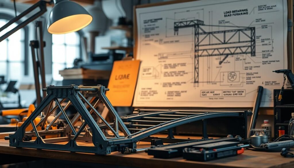 A technician's workbench, meticulously organized with a variety of engineering tools and mechanical components. In the foreground, a set of load-bearing struts and beams are arranged, their intricate latticework and reinforced joints clearly visible under the warm glow of a desk lamp. In the middle ground, a large schematic diagram depicts the structural design of a load-bearing system, with annotations and calculations outlining the key principles of load distribution and force transfer. The background is a softly blurred workspace, hinting at the broader context of structural engineering and the collaborative nature of the design process.