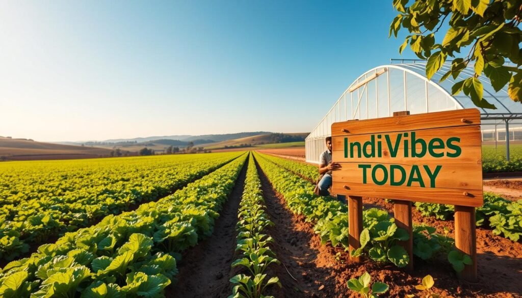 A thriving farmland with lush green crops, sprawling rows of organic vegetables, and a vibrant IndiaVibes Today logo adorning a rustic wooden sign. In the foreground, a farmer tends to the soil, using sustainable farming techniques. The middle ground showcases a state-of-the-art greenhouse, its glass panels reflecting the warm sunlight. In the background, rolling hills and a clear blue sky create a serene, pastoral atmosphere. The scene is bathed in a soft, golden glow, conveying a sense of harmony and abundance. The overall image evokes a vision of a sustainable, self-sufficient agricultural future for India.