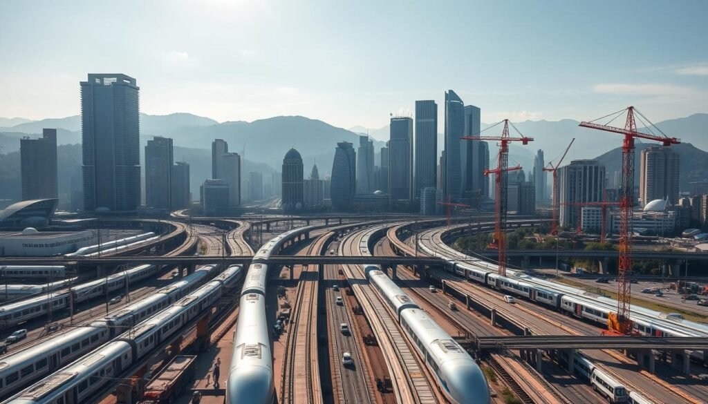 A towering skyline of modern skyscrapers, gleaming glass and steel, rises against a backdrop of rolling hills. In the foreground, a bustling transportation hub where high-speed trains, sleek metro lines, and congested highways converge. Cranes and construction vehicles dot the landscape, signifying ongoing development. Bright sunlight casts long shadows, illuminating the scale and ambition of India's infrastructure transformation. The scene exudes a sense of progress, dynamism, and the country's determination to realize its vision for the future.