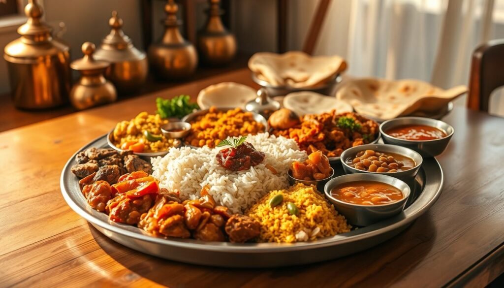 A traditional East Indian thali set on a wooden table, bathed in warm, golden lighting. In the foreground, an array of colorful curries, lentils, rice, and chutneys, arranged harmoniously on a stainless steel platter. The middle ground features a variety of breads, including fluffy naan and crisp papadums, complementing the dishes. In the background, glimpses of brass spice containers and copper utensils hint at the rich culinary heritage. The composition evokes a sense of culinary authenticity, cultural traditions, and the comforting flavors of a quintessential East Indian meal.