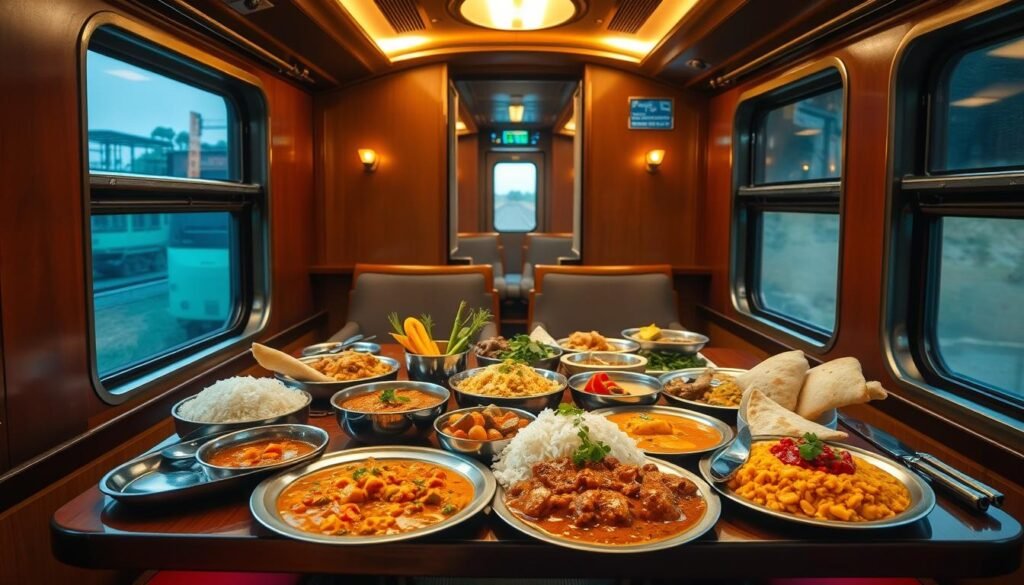 A train carriage interior, warmly lit with subtle, natural lighting. Vibrant regional Indian dishes arranged artfully on a table, emitting delectable aromas. Curries, rice, breads, and garnishes in a visually captivating display, inviting the viewer to explore the diverse culinary traditions of the Indian subcontinent. Stainless steel dinnerware, polished wooden surfaces, and a sense of motion and adventure as the train glides through the countryside. An immersive, sensory experience that captures the essence of exploring Indian cuisine on a grand train journey.