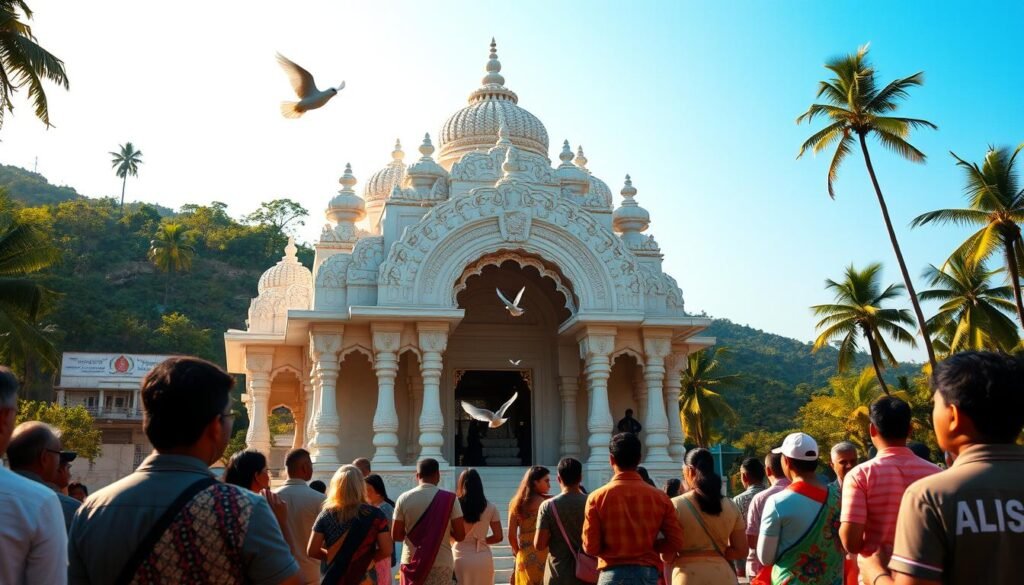 A tranquil Jain temple nestled in the verdant hills, its intricate white marble façade shimmering in the warm afternoon light. Worshippers gather around the central shrine, hands clasped in reverent meditation, their faces reflecting the serene spirituality of this sacred space. Peaceful doves flutter through the ornate archways, symbolizing the Jain principle of ahimsa, or non-violence. In the lush background, swaying palm trees and a clear azure sky evoke the harmony between nature and the divine. A sense of calm and contemplation permeates the scene, inviting the viewer to step into this oasis of Jain faith and wisdom. A tranquil Jain temple nestled in the verdant hills, its intricate white marble façade shimmering in the warm afternoon light. Worshippers gather around the central shrine, hands clasped in reverent meditation, their faces reflecting the serene spirituality of this sacred space. Peaceful doves flutter through the ornate archways, symbolizing the Jain principle of ahimsa, or non-violence. In the lush background, swaying palm trees and a clear azure sky evoke the harmony between nature and the divine. A sense of calm and contemplation permeates the scene, inviting the viewer to step into this oasis of Jain faith and wisdom.