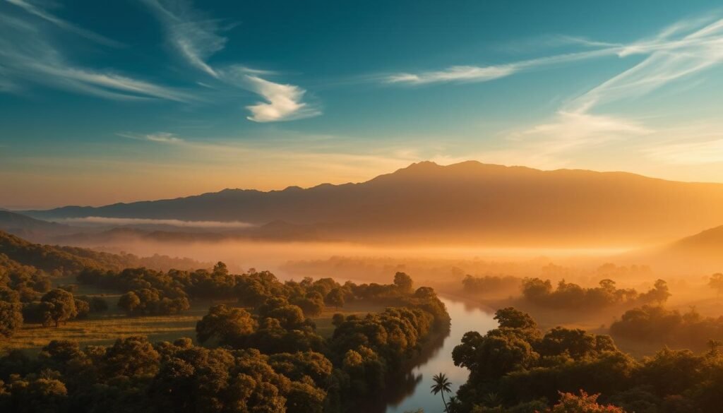 A tranquil, ethereal landscape bathed in a warm, golden light. In the foreground, a serene river winds its way through a lush, verdant valley, its surface reflecting the swaying canopy of ancient trees. In the middle ground, a majestic mountain range rises, its peaks capped with a soft, ethereal mist. The sky above is a deep, rich azure, with wisps of cloud drifting lazily across it. The atmosphere is one of deep contemplation and spiritual resonance, evoking the timeless wisdom and inner journey that lies at the heart of the Sanskrit language and its profound influence on India's knowledge and culture.
