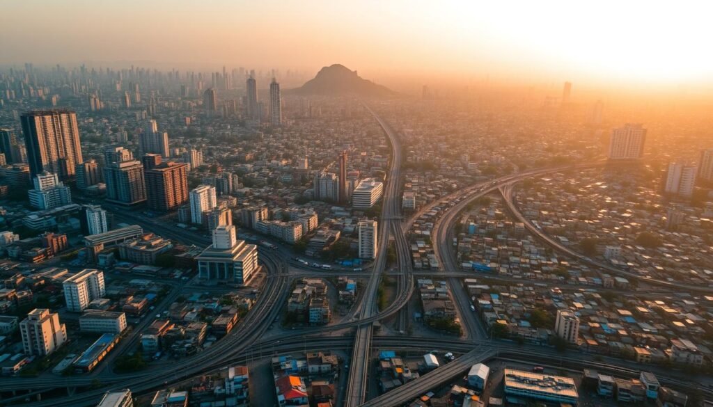 A vast aerial view of Mumbai's urban sprawl, captured at golden hour. Towering high-rises and bustling slums spread out as far as the eye can see, dwarfed by the distant Sahyadri mountain range. In the foreground, a tangled web of roads and railway tracks weave between clusters of densely packed buildings, their facades adorned with colorful laundry and billboards. The middle ground is a chaotic mix of small businesses, open-air markets, and informal settlements, all basking in the warm, glowing light. The background fades into a hazy, dreamlike horizon, hinting at the scale and complexity of this ever-expanding megacity.