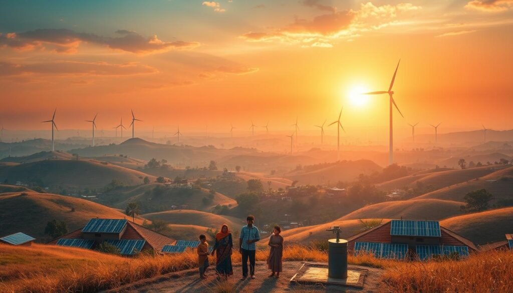 A vast expanse of rolling hills dotted with small villages, their rooftops adorned with gleaming solar panels. In the foreground, a family gathers around a solar-powered water pump, their faces aglow with the promise of a brighter future. The landscape is bathed in the warm, golden hues of the setting sun, casting a serene and tranquil atmosphere. Towering wind turbines rise in the distance, complementing the solar arrays and symbolizing the integrated renewable energy solutions that power this rural oasis. The scene evokes a sense of harmony between modern technology and the timeless rhythms of the countryside, showcasing the transformative potential of sustainable energy in India's rural communities. A vast expanse of rolling hills dotted with small villages, their rooftops adorned with gleaming solar panels. In the foreground, a family gathers around a solar-powered water pump, their faces aglow with the promise of a brighter future. The landscape is bathed in the warm, golden hues of the setting sun, casting a serene and tranquil atmosphere. Towering wind turbines rise in the distance, complementing the solar arrays and symbolizing the integrated renewable energy solutions that power this rural oasis. The scene evokes a sense of harmony between modern technology and the timeless rhythms of the countryside, showcasing the transformative potential of sustainable energy in India's rural communities.