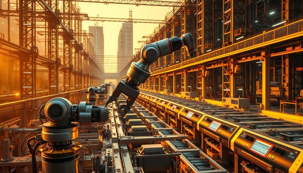 A vast industrial landscape, bathed in warm, golden light. In the foreground, a sleek, state-of-the-art robotic arm effortlessly manipulates intricate mechanical components, its movements choreographed with precision. In the middle ground, rows of gleaming, high-tech machines hum with efficiency, their screens displaying real-time analytics and performance data. The background is dominated by towering factory buildings, their facades adorned with the latest automation technology - sensors, cameras, and interconnected control systems. The overall atmosphere conveys a sense of progress, innovation, and the seamless integration of human and machine, hinting at both the promise and the potential challenges of automation in the modern workplace. A vast industrial landscape, bathed in warm, golden light. In the foreground, a sleek, state-of-the-art robotic arm effortlessly manipulates intricate mechanical components, its movements choreographed with precision. In the middle ground, rows of gleaming, high-tech machines hum with efficiency, their screens displaying real-time analytics and performance data. The background is dominated by towering factory buildings, their facades adorned with the latest automation technology - sensors, cameras, and interconnected control systems. The overall atmosphere conveys a sense of progress, innovation, and the seamless integration of human and machine, hinting at both the promise and the potential challenges of automation in the modern workplace.