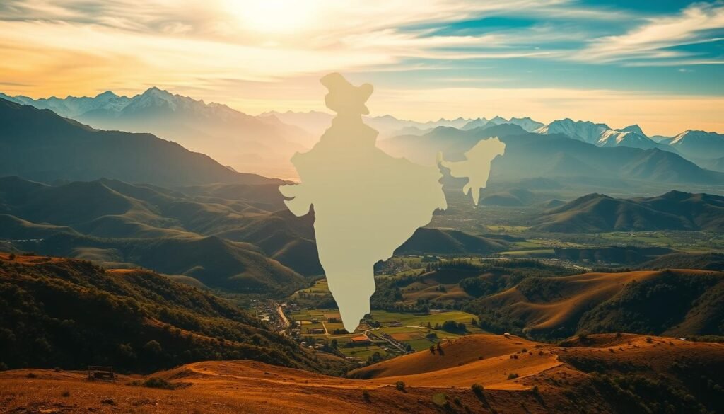 A vast, panoramic landscape showcasing the diverse union territories of India. In the foreground, a bold silhouette of the Indian subcontinent stands out against a vibrant sky, highlighted by warm, golden sunlight. Within the landmass, the distinct borders and shapes of the 8 union territories are clearly delineated, each with its own unique geography and topography. In the middle ground, lush, rolling hills and valleys, dotted with quaint towns and cities, create a sense of depth and scale. The background features towering mountain ranges, their peaks capped with pristine snow, adding a sense of grandeur and majesty to the scene. The overall composition conveys the unity and diversity of these integral parts of the Indian nation.