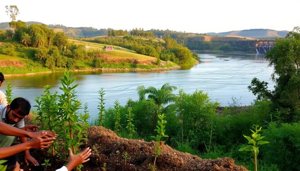 A vast river flows peacefully, its banks lined with lush greenery and towering trees. In the foreground, a group of people work diligently to plant new saplings, their hands gently nurturing the young plants. The midground reveals a small dam, its structure seamlessly blending with the natural landscape, showcasing government efforts to conserve the river's resources. In the background, rolling hills and a clear sky create a serene, picturesque setting, conveying a sense of harmony between human intervention and the natural world. Warm, diffused lighting illuminates the scene, casting a soft, tranquil glow and emphasizing the importance of sustainable water management practices. A vast river flows peacefully, its banks lined with lush greenery and towering trees. In the foreground, a group of people work diligently to plant new saplings, their hands gently nurturing the young plants. The midground reveals a small dam, its structure seamlessly blending with the natural landscape, showcasing government efforts to conserve the river's resources. In the background, rolling hills and a clear sky create a serene, picturesque setting, conveying a sense of harmony between human intervention and the natural world. Warm, diffused lighting illuminates the scene, casting a soft, tranquil glow and emphasizing the importance of sustainable water management practices.