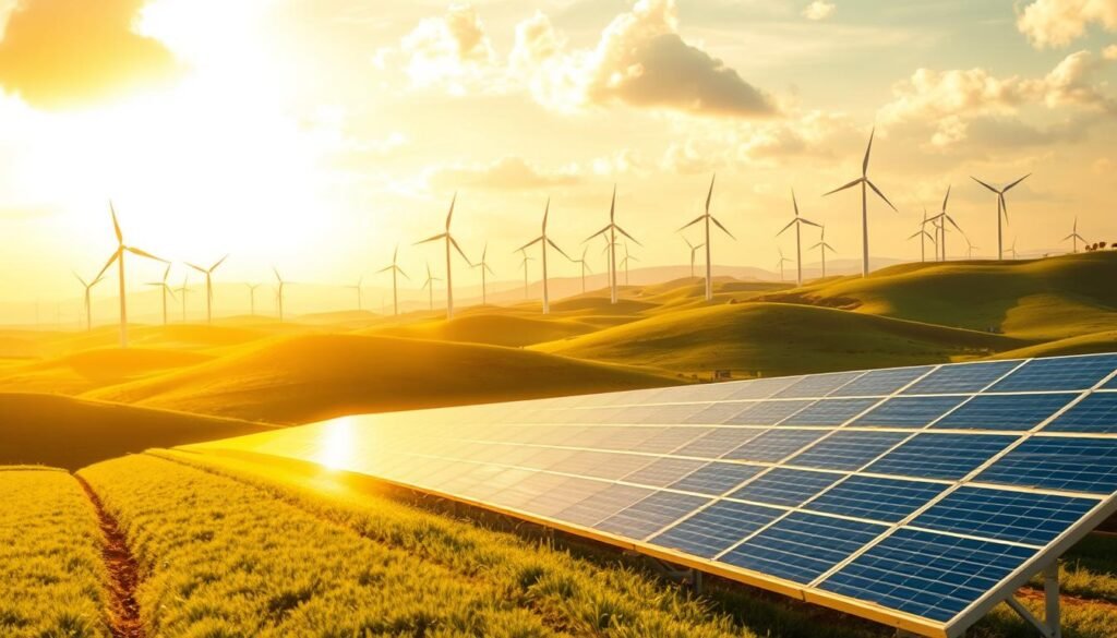 A vast, sun-drenched landscape dotted with towering wind turbines, their blades gracefully spinning in the gentle breeze. In the foreground, a gleaming solar farm stretches out, its sleek panels reflecting the vibrant, cloudless sky. Lush green hills roll in the distance, creating a harmonious blend of renewable energy sources and the natural world. The scene is bathed in warm, golden light, conveying a sense of progress and a hopeful vision for India's sustainable energy future.
