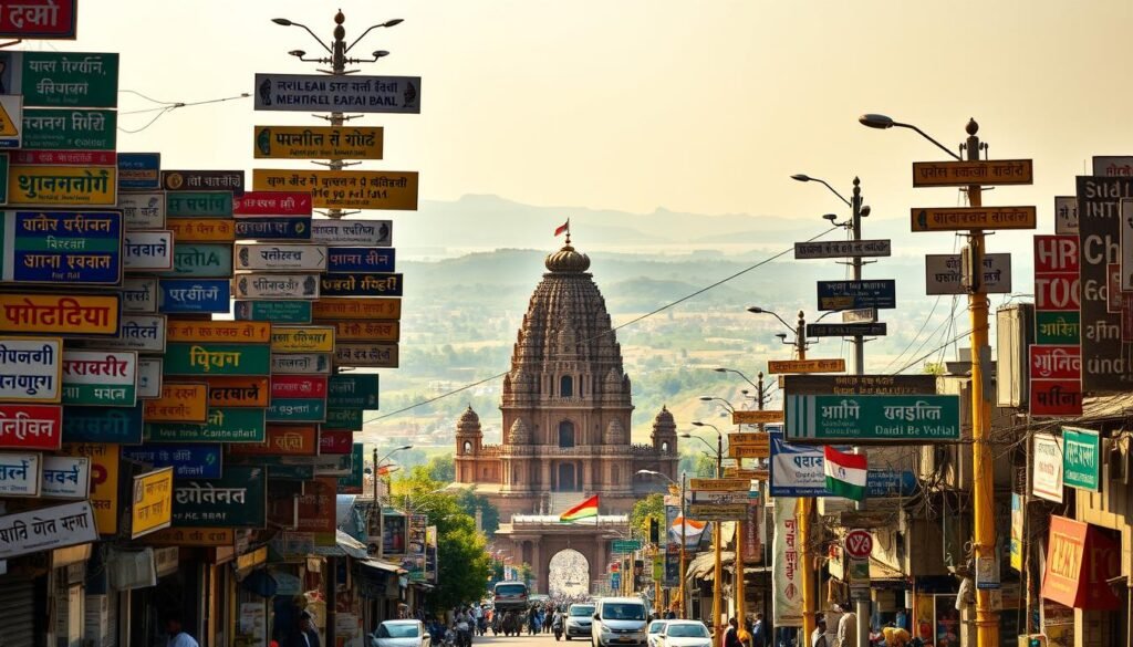 A vast, vibrant tapestry of linguistic diversity, with signposts and banners in a kaleidoscope of scripts - Devanagari, Bangla, Telugu, Tamil, and more. In the foreground, a bustling urban street scene, storefronts and street vendors showcasing the multilingual nature of Indian commerce. In the middle ground, a grand monument or temple, its intricate architecture adorned with inscriptions in ancient scripts. The background frames a panoramic vista of rolling hills and lush landscapes, reflecting the geographic expanse of this linguistically rich nation. Warm, golden sunlight bathes the scene, lending a sense of timeless tradition and cultural heritage. The overall composition captures the essence of India's linguistic landscape - a harmonious symphony of tongues, ancient and modern, woven together in a tapestry of unity in diversity.