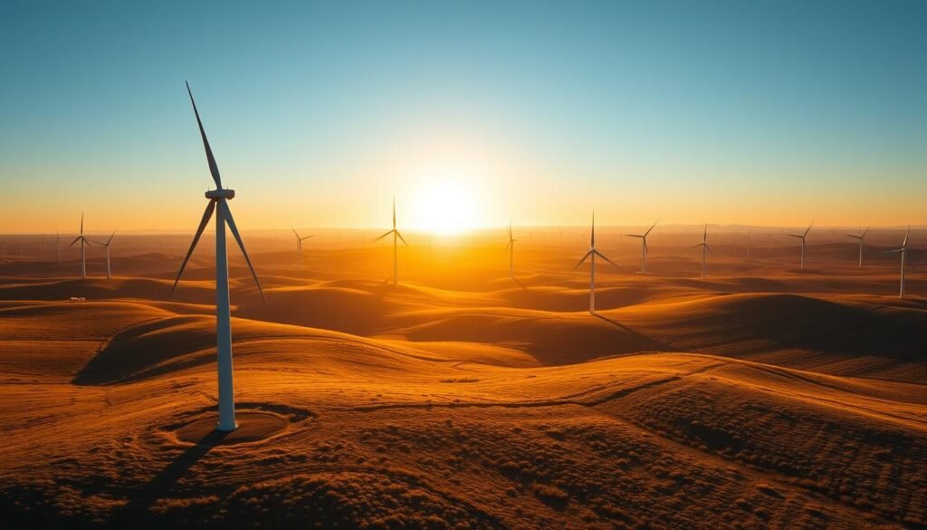 A vast wind farm stretches across a rolling, grassy landscape, its massive turbines gracefully rotating in a gentle breeze. In the foreground, a single towering turbine stands tall, its blades catching the warm, golden light of the setting sun. The middle ground is dotted with rows of sleek, modern turbines, their elegant silhouettes casting long shadows across the undulating terrain. In the distance, the horizon is framed by a cloudless, azure sky, conveying a sense of boundless potential and the untapped power of nature. The overall scene emanates a feeling of clean, renewable energy, harnessing the wind's untamed force to power a sustainable future.