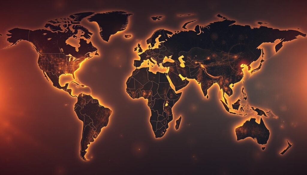 A vast world map spanning the entire frame, rendered in a realistic, detailed style. The continents are subtly illuminated from below, casting a warm, ambient glow. Emerging from the landmasses are delicate, intricate mechanisms and interconnected gears, symbolizing the global network of frugal innovations. Subtle rays of light pierce through the mechanisms, creating a sense of depth and interconnectedness. The overall atmosphere conveys a harmonious blend of technological progress and sustainable, ingenious problem-solving, reflecting the global implications of India's frugal innovations.