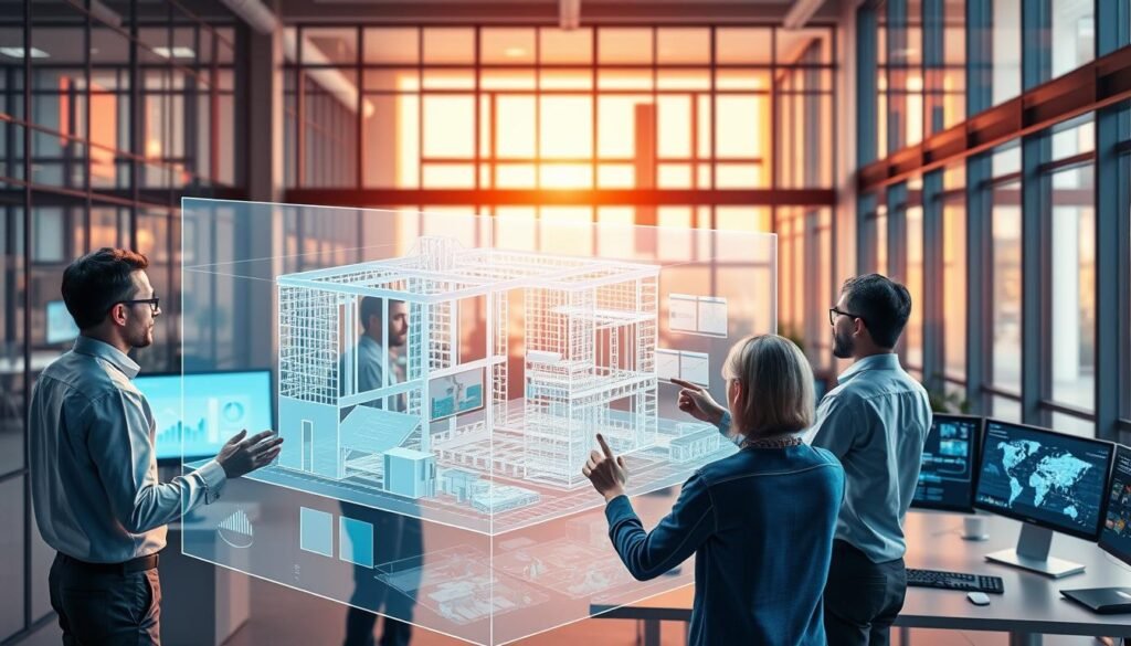 A vibrant 3D architectural rendering of an integrated BIM data sharing system. In the foreground, a team of engineers and architects collaborating around a holographic model, gesturing and manipulating the digital blueprints with their hands. In the middle ground, sleek workstations and monitors display real-time project updates and analytics. The background showcases a modern, glass-walled office space, bathed in warm, diffused lighting from large windows. The scene conveys a sense of efficiency, connectivity, and technological synergy, reflecting the seamless integration of BIM with other cutting-edge AEC tools.