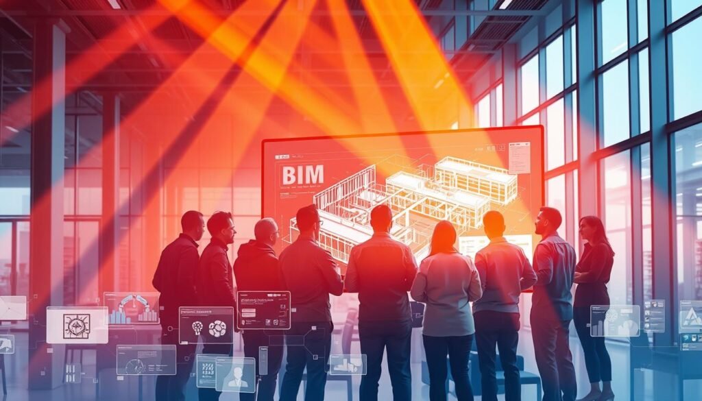 A vibrant 3D illustration of a cloud-based BIM (Building Information Modeling) collaboration platform. In the foreground, a team of architects, engineers, and construction professionals huddle around a large interactive display, reviewing and annotating a detailed BIM model. Shafts of warm, directional lighting illuminate the scene, casting dynamic shadows that convey a sense of energy and engagement. In the middle ground, various BIM tools and software interfaces are visible, showcasing real-time data synchronization and version control. The background depicts a sleek, modern office environment with floor-to-ceiling windows, hinting at the global reach and connectivity of the BIM platform. The overall atmosphere is one of seamless collaboration, technological innovation, and the power of integrated construction workflows.