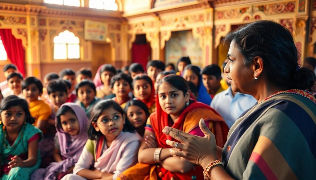 A vibrant Indian classroom, filled with students of diverse backgrounds, gathered around a thoughtful teacher. Warm lighting illuminates the scene, capturing the reverence and intellectual curiosity in their expressions. In the foreground, a parent converses with the teacher, their gestures reflecting the deep partnership in their child's education. The background showcases the rich cultural tapestry of India, with intricate architectural details and vibrant textiles. This image epitomizes the integral role of education in shaping the next generation within the context of Indian parenting traditions and global influences. A vibrant Indian classroom, filled with students of diverse backgrounds, gathered around a thoughtful teacher. Warm lighting illuminates the scene, capturing the reverence and intellectual curiosity in their expressions. In the foreground, a parent converses with the teacher, their gestures reflecting the deep partnership in their child's education. The background showcases the rich cultural tapestry of India, with intricate architectural details and vibrant textiles. This image epitomizes the integral role of education in shaping the next generation within the context of Indian parenting traditions and global influences.