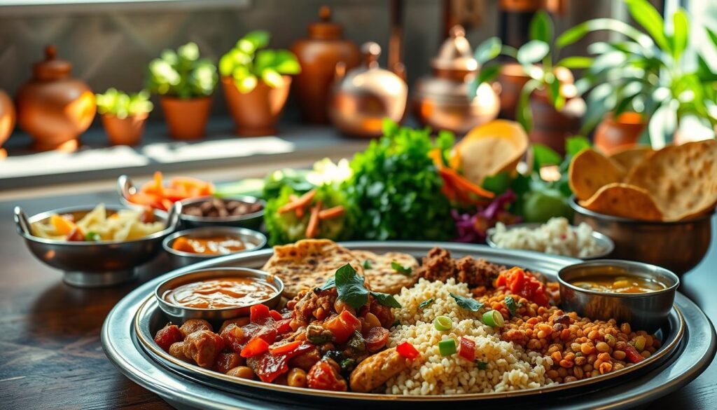 A vibrant and artfully arranged vegetarian thali, showcasing the diverse flavors and textures of Indian regional cuisine. In the foreground, a selection of delectable dishes neatly presented on a traditional metal tray, including fragrant curries, crisp papadums, spicy chutneys, and fluffy breads. The middle ground features an array of colorful, freshly chopped vegetables, lentils, and grains, while the background depicts a serene, sun-dappled kitchen setting with terracotta pots, copper utensils, and lush, leafy plants. Captured with a soft, natural lighting that highlights the dish's vibrant hues and intricate details, creating a warm, inviting atmosphere that celebrates the essence of vegetarian Indian cuisine.