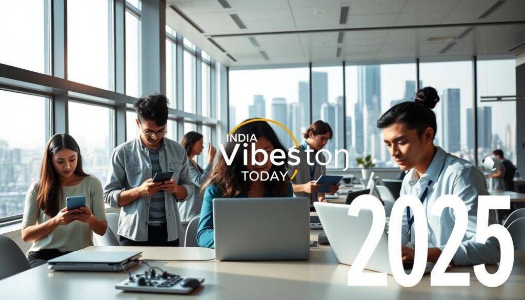 A vibrant and dynamic workspace with remote workers engaged in various tasks, set against the backdrop of a modern cityscape and the IndiaVibes Today logo. The foreground features a diverse group of professionals collaborating on digital devices, their faces illuminated by the soft, natural lighting streaming through large windows. The middle ground showcases a sleek, minimalist office interior with ergonomic furniture and sophisticated technology. The background depicts a bustling metropolis skyline, suggesting the global reach and interconnectivity of remote work opportunities in 2025.
