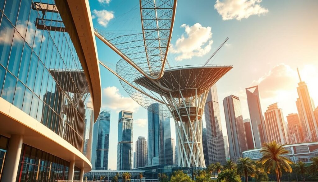 A vibrant architectural landscape, showcasing the latest advancements in structural design. In the foreground, a sleek, modern building with clean lines and innovative materials, its facade reflecting the surrounding environment. In the middle ground, a network of intricate support beams and tensile structures, demonstrating the engineering prowess behind the design. The background features a cityscape of towering skyscrapers, each one a testament to the continuous evolution of architectural innovation. Bathed in warm, natural lighting, the scene conveys a sense of progress, efficiency, and the relentless pursuit of pushing the boundaries of structural engineering.