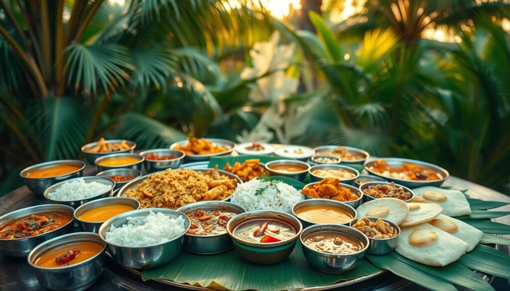 A vibrant array of South Indian thalis, presented on polished metal plates and banana leaves, arranged in a visually striking composition. In the foreground, an assortment of curries, dals, rice dishes, and chutneys in earthenware bowls, their colors and textures creating a mouthwatering display. In the middle ground, freshly made idlis, dosas, and vadas, steaming and ready to be savored. The background features a lush, tropical setting with coconut palms and the warm, golden hues of the afternoon sun filtering through, evoking the rich culinary traditions of the South. The lighting is soft and diffused, highlighting the intricate details and the inviting atmosphere of this captivating South Indian culinary scene.