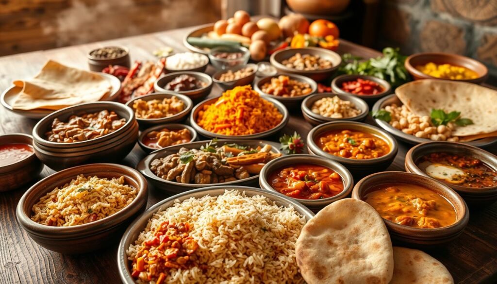 A vibrant array of West Indian thalis, each a mosaic of flavors and textures, arrayed on a rustic wooden table. In the foreground, steaming rice, lentil curries, and fragrant chutneys fill earthenware bowls, their aromas wafting through the air. In the middle ground, crisp papadums and soft, pillowy naan breads accompany the feast, while in the background, a vibrant tapestry of spices, herbs, and seasonal produce hint at the rich cultural heritage behind these delectable regional specialties. The lighting is warm and inviting, casting a golden glow over the scene, capturing the essence of the West Indian culinary tradition - a harmonious blend of ancient techniques and modern sophistication.