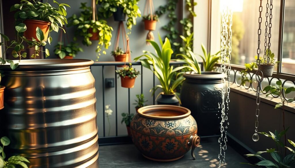 A vibrant balcony filled with lush greenery, showcasing creative rainwater harvesting solutions. In the foreground, a sleek metal rain barrel captures runoff from the rooftop, its cylindrical form reflecting the warm afternoon sunlight. Hanging planters and vertical gardens line the balcony's railing, creating a verdant oasis. The middle ground features an ornate ceramic urn overflowing with collected rainwater, its intricate patterns casting playful shadows on the tiled floor. In the background, a modern window-mounted rain chain guides water from the gutters, its metallic links glistening. The overall scene exudes a sense of sustainability and eco-friendly urban living, with the soft, diffused lighting and muted color palette evoking a calming, natural atmosphere. A vibrant balcony filled with lush greenery, showcasing creative rainwater harvesting solutions. In the foreground, a sleek metal rain barrel captures runoff from the rooftop, its cylindrical form reflecting the warm afternoon sunlight. Hanging planters and vertical gardens line the balcony's railing, creating a verdant oasis. The middle ground features an ornate ceramic urn overflowing with collected rainwater, its intricate patterns casting playful shadows on the tiled floor. In the background, a modern window-mounted rain chain guides water from the gutters, its metallic links glistening. The overall scene exudes a sense of sustainability and eco-friendly urban living, with the soft, diffused lighting and muted color palette evoking a calming, natural atmosphere.