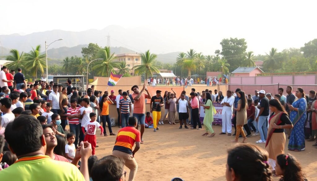 A vibrant, bustling scene of diverse sports culture in India. In the foreground, a colorful crowd cheers on a spirited game of kabaddi, their energy palpable. The middle ground features a lively mix of activities - young athletes practice their skills on a badminton court, a group of cricket enthusiasts engage in a friendly match, and a group of women perform a traditional dance. In the background, a majestic mountain range provides a stunning natural backdrop, bathed in warm, golden sunlight. The overall atmosphere exudes a sense of community, passion, and the rich tapestry of India's burgeoning sports landscape.