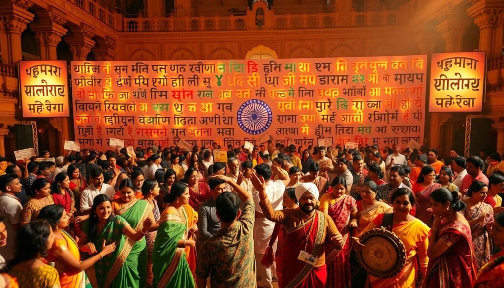 A vibrant celebration of India's linguistic diversity. In the foreground, a kaleidoscope of people in traditional attire representing various ethnic groups, engaged in lively dance and music. The middle ground showcases an array of regional scripts and linguistic symbols, illuminated against a backdrop of ornate architectural elements. Warm, golden lighting casts a celebratory glow, while the composition captures a sense of harmony and unity amidst the rich tapestry of India's multifaceted linguistic heritage. Captured through the lens of a wide-angle camera, the image conveys the vast, inclusive nature of this linguistic celebration.