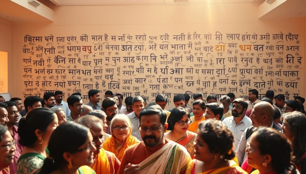 A vibrant celebration of regional linguistic diversity, showcasing the rich tapestry of India's linguistic heritage. In the foreground, a harmonious gathering of people from diverse backgrounds, engaged in lively discussions and exchanges, their expressions radiating a sense of pride and unity. In the middle ground, a mural depicting the written scripts of various regional languages, each stroke and curve a testament to the unique cultural identities they represent. The background is bathed in warm, golden light, creating a serene and inspiring atmosphere that celebrates the power of language to connect and empower communities. Captured with a wide-angle lens, the scene evokes a sense of inclusivity and the collective triumph of revitalization efforts. A vibrant celebration of regional linguistic diversity, showcasing the rich tapestry of India's linguistic heritage. In the foreground, a harmonious gathering of people from diverse backgrounds, engaged in lively discussions and exchanges, their expressions radiating a sense of pride and unity. In the middle ground, a mural depicting the written scripts of various regional languages, each stroke and curve a testament to the unique cultural identities they represent. The background is bathed in warm, golden light, creating a serene and inspiring atmosphere that celebrates the power of language to connect and empower communities. Captured with a wide-angle lens, the scene evokes a sense of inclusivity and the collective triumph of revitalization efforts.