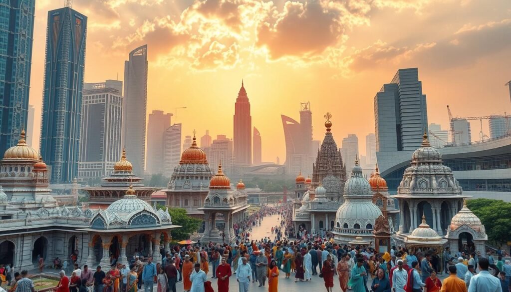 A vibrant cityscape of a futuristic Indian metropolis, towering skyscrapers adorned with intricate architectural elements blending classical and modern designs. In the foreground, diverse places of worship - grand temples, elegant mosques, serene churches, and meditation centers - stand as beacons of the country's rich spiritual heritage. Emanating an aura of harmonious coexistence, worshippers of various faiths move through the bustling streets, their robes and garments adding splashes of vivid color. The sky above is bathed in warm, golden light, creating an atmosphere of hope and progress, symbolizing the dynamic future of religion in a rapidly evolving India. A vibrant cityscape of a futuristic Indian metropolis, towering skyscrapers adorned with intricate architectural elements blending classical and modern designs. In the foreground, diverse places of worship - grand temples, elegant mosques, serene churches, and meditation centers - stand as beacons of the country's rich spiritual heritage. Emanating an aura of harmonious coexistence, worshippers of various faiths move through the bustling streets, their robes and garments adding splashes of vivid color. The sky above is bathed in warm, golden light, creating an atmosphere of hope and progress, symbolizing the dynamic future of religion in a rapidly evolving India.