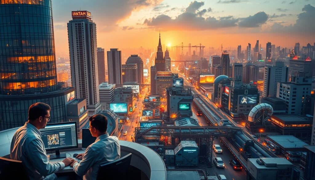 A vibrant cityscape of modern high-rise buildings and bustling streets, showcasing the thriving engineering outsourcing industry in India. In the foreground, a team of engineers collaborating at a sleek workstation, their faces illuminated by the glow of computer screens. The middle ground features a bustling hub of innovation, with cutting-edge technology and machinery at work. In the background, a panoramic view of the city skyline, highlighting the scale and global significance of India's engineering prowess. The scene is bathed in warm, golden lighting, conveying a sense of productivity, innovation, and the country's emergence as a leading player in the world of engineering outsourcing.