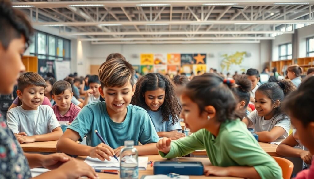 A vibrant classroom filled with engaged students, each immersed in activities that develop critical thinking and problem-solving skills. In the foreground, a group collaborates on a project, their expressions radiating determination and creativity. The middle ground showcases a diverse array of learning stations, from science experiments to coding workshops, all designed to nurture holistic development. The background reveals a panoramic view of the school's state-of-the-art facilities, with abundant natural light and a serene, inspiring atmosphere. The overall scene conveys a dynamic, forward-thinking educational environment that prepares students for the challenges and opportunities of the future. A vibrant classroom filled with engaged students, each immersed in activities that develop critical thinking and problem-solving skills. In the foreground, a group collaborates on a project, their expressions radiating determination and creativity. The middle ground showcases a diverse array of learning stations, from science experiments to coding workshops, all designed to nurture holistic development. The background reveals a panoramic view of the school's state-of-the-art facilities, with abundant natural light and a serene, inspiring atmosphere. The overall scene conveys a dynamic, forward-thinking educational environment that prepares students for the challenges and opportunities of the future.