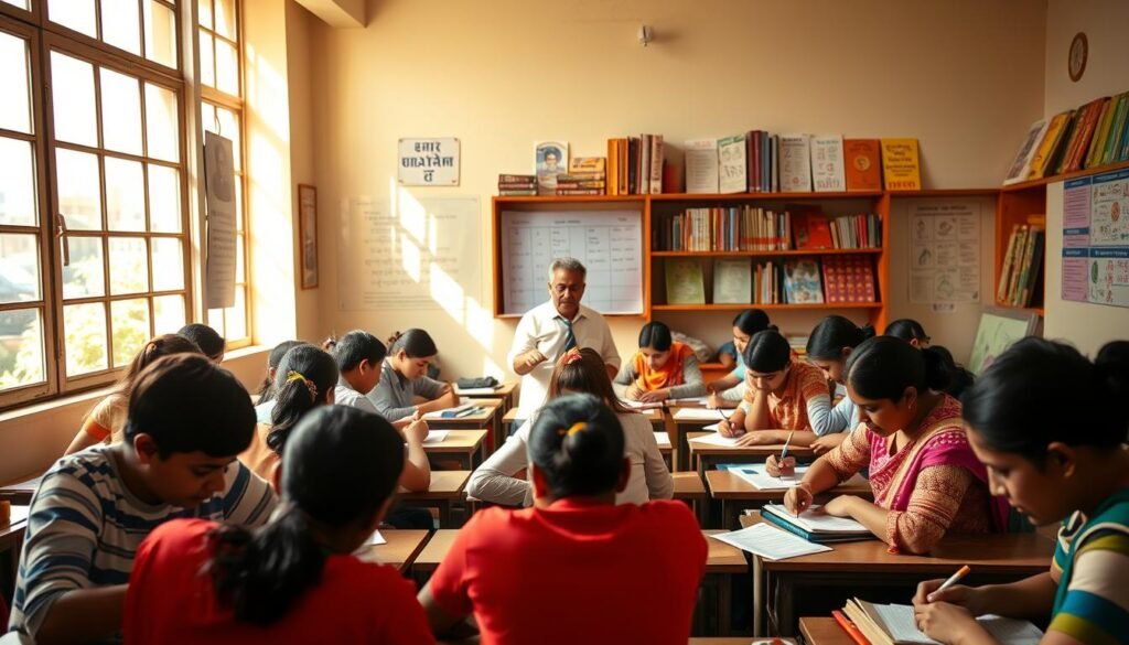 A vibrant classroom setting, with a diverse group of students intently studying various Indian language scripts and texts. Warm, natural lighting filters in through large windows, casting a soft glow on the scene. In the foreground, students huddle over desks, pens in hand, as they meticulously practice writing Devanagari, Tamil, and Bengali characters. In the middle ground, a teacher gestures animatedly, explaining grammar and pronunciation to an engaged class. Framing the scene, shelves of language-learning books and colorful posters line the walls, creating a rich, immersive environment for the study of these ancient and dynamic tongues.