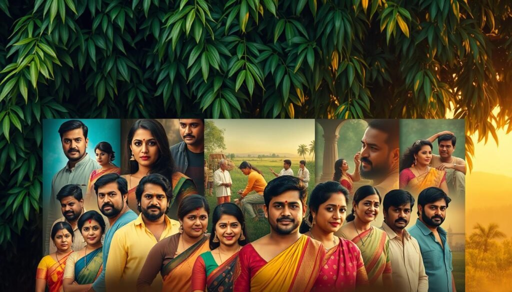 A vibrant collage of Tamil web series posters, set against a backdrop of lush, verdant foliage. In the foreground, a diverse array of characters from popular regional shows, each with distinct personalities and expressions, captured in a cinematic, high-resolution style. The middle ground features intricate, hand-painted illustrations of iconic scenes and settings from these beloved series, while the background showcases a dreamy, atmospheric landscape with warm, golden lighting and a subtle, filmic grain. The overall composition conveys the richness, diversity, and captivating narratives of the Tamil web series genre. A vibrant collage of Tamil web series posters, set against a backdrop of lush, verdant foliage. In the foreground, a diverse array of characters from popular regional shows, each with distinct personalities and expressions, captured in a cinematic, high-resolution style. The middle ground features intricate, hand-painted illustrations of iconic scenes and settings from these beloved series, while the background showcases a dreamy, atmospheric landscape with warm, golden lighting and a subtle, filmic grain. The overall composition conveys the richness, diversity, and captivating narratives of the Tamil web series genre.