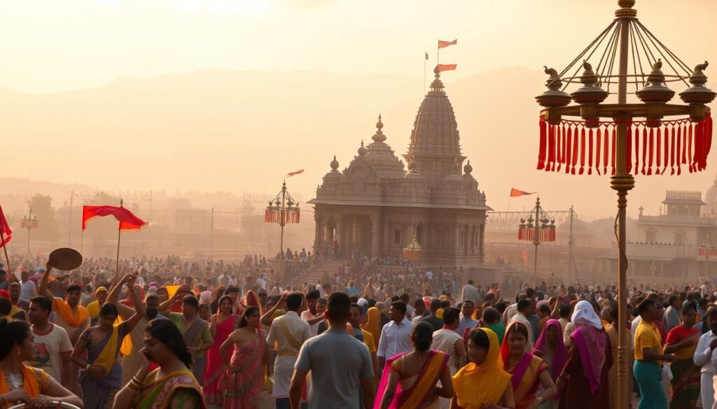 A vibrant, colorful scene of India's diverse festivals unfolding across a sprawling landscape. In the foreground, a lively procession of elaborately costumed dancers and musicians, their movements energetic and joyful. In the middle ground, a grand temple adorned with intricate carvings and vibrant fabrics, surrounded by a crowd of devotees engaged in rituals and celebrations. The background features a hazy, golden-hued sky, with the silhouettes of towering mountains in the distance, creating a sense of grandeur and timelessness. The lighting is warm and natural, casting a soft, celebratory glow over the entire scene. Capture the essence of India's rich cultural heritage and the deep spiritual connections that underpin its many festivals. A vibrant, colorful scene of India's diverse festivals unfolding across a sprawling landscape. In the foreground, a lively procession of elaborately costumed dancers and musicians, their movements energetic and joyful. In the middle ground, a grand temple adorned with intricate carvings and vibrant fabrics, surrounded by a crowd of devotees engaged in rituals and celebrations. The background features a hazy, golden-hued sky, with the silhouettes of towering mountains in the distance, creating a sense of grandeur and timelessness. The lighting is warm and natural, casting a soft, celebratory glow over the entire scene. Capture the essence of India's rich cultural heritage and the deep spiritual connections that underpin its many festivals.