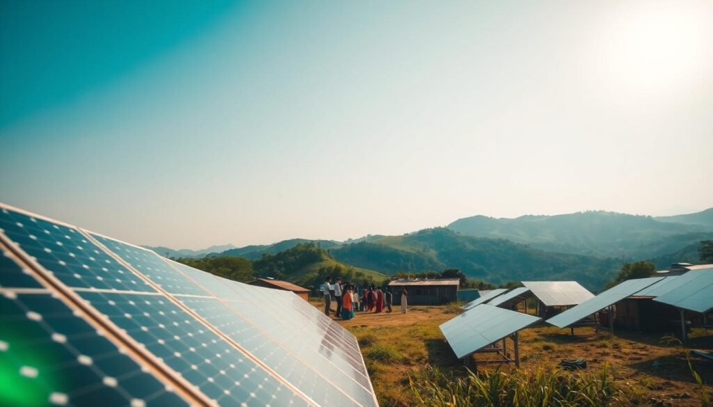 A vibrant community energy project in rural India, harnessing the power of the sun. In the foreground, solar panels dot the landscape, casting a warm glow on the surrounding village. In the middle ground, people gather around a central hub, discussing plans and sharing ideas. The background is framed by lush green hills and a clear, azure sky, conveyed through a dreamy, cinematic lens. The scene exudes a sense of collaboration, sustainability, and a shared vision for a greener future. Inspired by IndiaVibes Today.
