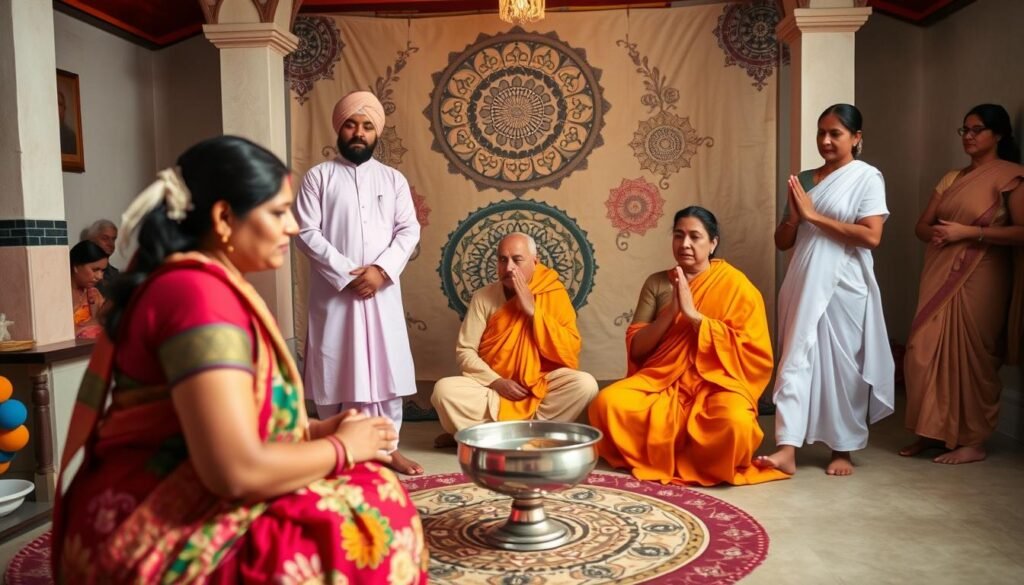 A vibrant, culturally rich scene depicting women of diverse Indian faiths. In the foreground, a Hindu woman in a colorful sari performs a puja ritual, hands raised in prayer. Beside her, a Sikh woman in a flowing white kurta and dupatta stands tall, serene expression. In the middle ground, a Buddhist nun in saffron robes sits in deep meditation, surrounded by intricate mandalas. In the background, a Jain woman in a simple white garment walks reverently, holding a metal prayer bowl. Soft, warm lighting illuminates the scene, creating a sense of sacred, contemplative atmosphere. Captured with a wide-angle lens to convey the harmony and interconnectedness of India's multifaceted spiritual traditions. A vibrant, culturally rich scene depicting women of diverse Indian faiths. In the foreground, a Hindu woman in a colorful sari performs a puja ritual, hands raised in prayer. Beside her, a Sikh woman in a flowing white kurta and dupatta stands tall, serene expression. In the middle ground, a Buddhist nun in saffron robes sits in deep meditation, surrounded by intricate mandalas. In the background, a Jain woman in a simple white garment walks reverently, holding a metal prayer bowl. Soft, warm lighting illuminates the scene, creating a sense of sacred, contemplative atmosphere. Captured with a wide-angle lens to convey the harmony and interconnectedness of India's multifaceted spiritual traditions.