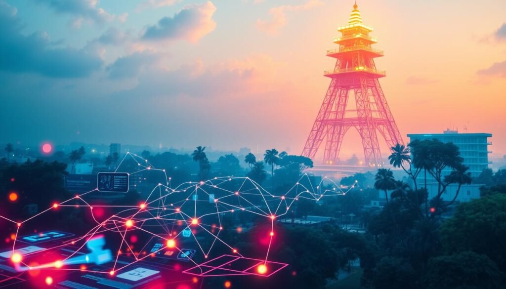 A vibrant digital landscape showcasing the National Digital Health Mission, a comprehensive initiative to revolutionize India's healthcare system. In the foreground, a sleek and modern medical interface displays real-time data, connecting patients seamlessly with healthcare providers. The middle ground features a network of interconnected devices, symbolizing the seamless flow of health information. In the background, a towering digital infrastructure stands as a testament to the mission's ambitious scale and scope, casting a warm, futuristic glow over the scene. Soft, directional lighting highlights the technological prowess and innovative spirit driving this transformative government initiative.