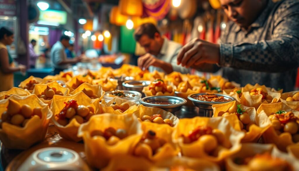 A vibrant display of pani puri, a beloved Indian street food. In the foreground, golden-brown puris are filled with a tantalizing blend of spiced potato, chickpeas, and tamarind-infused water, ready to burst with a delightful explosion of flavors. The middle ground showcases the skilled hands of a street vendor carefully assembling the pani puri, adding chutneys and garnishes to perfect each morsel. The background depicts the bustling energy of an Indian marketplace, with colorful fabrics, fragrant spices, and the lively chatter of eager customers. Soft, warm lighting illuminates the scene, creating an inviting and authentic atmosphere. This image captures the essence of pani puri - a captivating fusion of textures, tastes, and the vibrant culture of India. A vibrant display of pani puri, a beloved Indian street food. In the foreground, golden-brown puris are filled with a tantalizing blend of spiced potato, chickpeas, and tamarind-infused water, ready to burst with a delightful explosion of flavors. The middle ground showcases the skilled hands of a street vendor carefully assembling the pani puri, adding chutneys and garnishes to perfect each morsel. The background depicts the bustling energy of an Indian marketplace, with colorful fabrics, fragrant spices, and the lively chatter of eager customers. Soft, warm lighting illuminates the scene, creating an inviting and authentic atmosphere. This image captures the essence of pani puri - a captivating fusion of textures, tastes, and the vibrant culture of India.