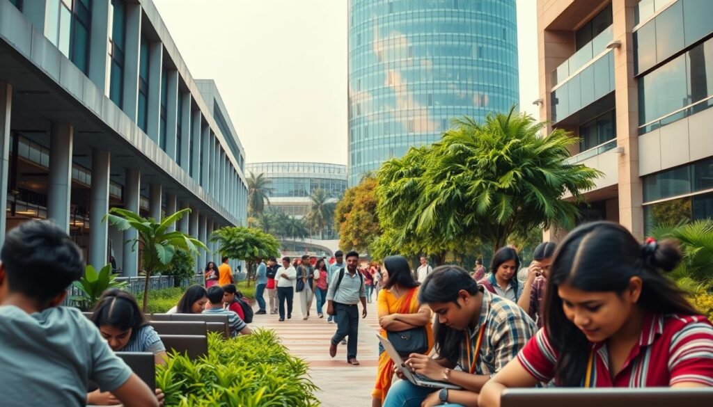 A vibrant, dynamic scene of an Indian tech education campus. In the foreground, students huddle over laptops, brows furrowed in concentration, surrounded by sleek modern architecture and verdant greenery. The mid-ground features a bustling walkway, students in colorful attire rushing to and fro, engaged in lively discussion. In the background, a towering glass-and-steel building commands attention, its facade reflecting the sun's warm glow, symbolizing the cutting-edge technology that powers India's educational revolution. The scene is bathed in a soft, diffused light, creating an atmosphere of focused productivity and intellectual vitality.