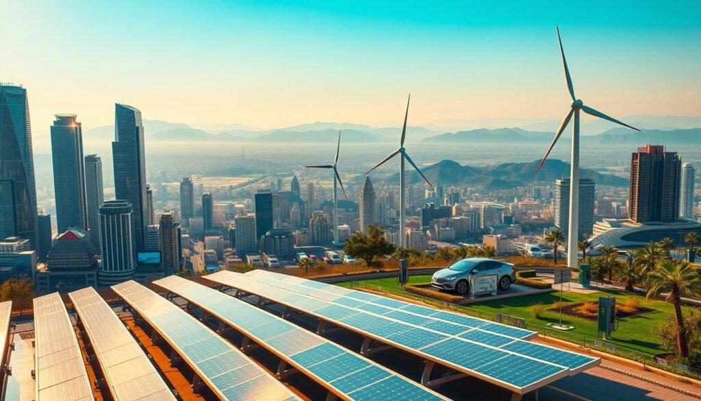 A vibrant, futuristic cityscape with towering skyscrapers and bustling streets. In the foreground, a sleek, modern solar farm with rows of gleaming photovoltaic panels capturing the sun's rays. Tall wind turbines dot the skyline, their blades spinning gracefully in the breeze. In the middle ground, electric vehicles charge at charging stations, symbolizing the shift towards sustainable transportation. The background is a stunning panorama of rolling hills and a clear, azure sky, bathed in warm, golden light. The overall scene conveys a sense of progress, innovation, and a harmonious integration of renewable energy solutions into the fabric of a thriving, eco-conscious metropolis. IndiaVibes Today.
