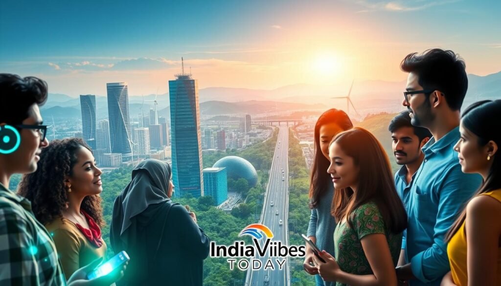 A vibrant, futuristic scene depicting green startup opportunities in India in 2025. In the foreground, a group of young, diverse entrepreneurs collaborating on innovative eco-friendly solutions, their faces lit by glowing holograms and projected data visualizations. The middle ground features a bustling, verdant cityscape with towering skyscrapers adorned with solar panels and wind turbines, electric vehicles zipping along sleek, elevated roads. In the background, rolling hills and a clear blue sky, the horizon dotted with wind farms and hydroelectric dams. An overall sense of progress, dynamism, and a commitment to sustainability. The IndiaVibes Today logo is subtly integrated into the scene.