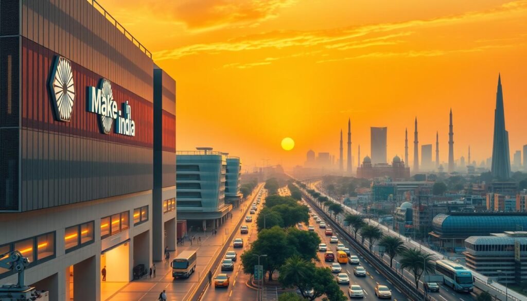 A vibrant, futuristic scene depicting the "Make in India" initiative. In the foreground, a sleek, cutting-edge factory with advanced robotic arms and state-of-the-art machinery. The building's facade features the iconic "Make in India" logo, subtly illuminated by warm, directional lighting. In the middle ground, bustling streets teeming with modern transportation and pedestrians, symbolizing the country's thriving economy. The background showcases a skyline of gleaming skyscrapers and towering monuments, all bathed in a golden, sunset glow that evokes a sense of progress and national pride. The overall atmosphere conveys a vision of India's manufacturing prowess, technological sophistication, and ambitious economic transformation.