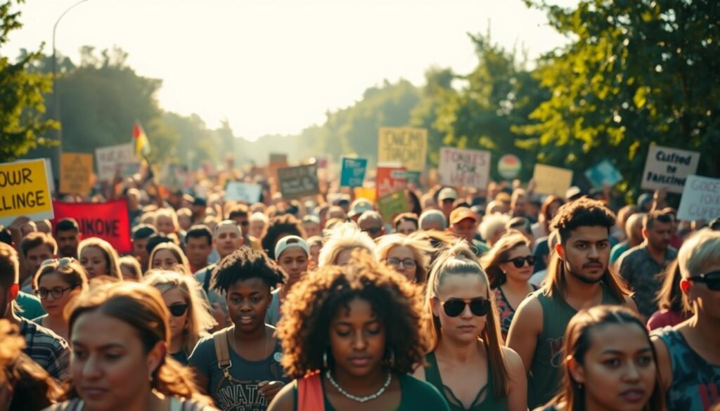 A vibrant gathering of diverse individuals, their faces alight with determination, as they march together under a bright, golden-hued sky. In the foreground, a sea of colorful banners and placards, each one a rallying cry for change. The middle ground is a blur of movement, capturing the energy and momentum of the grassroots movement. In the background, a backdrop of lush greenery, suggesting the deep-rooted connection between the community and the land they seek to protect. The lighting is warm and natural, casting a sense of hope and optimism over the scene. The camera angle is slightly elevated, allowing the viewer to witness the scale and unity of the grassroots uprising. A vibrant gathering of diverse individuals, their faces alight with determination, as they march together under a bright, golden-hued sky. In the foreground, a sea of colorful banners and placards, each one a rallying cry for change. The middle ground is a blur of movement, capturing the energy and momentum of the grassroots movement. In the background, a backdrop of lush greenery, suggesting the deep-rooted connection between the community and the land they seek to protect. The lighting is warm and natural, casting a sense of hope and optimism over the scene. The camera angle is slightly elevated, allowing the viewer to witness the scale and unity of the grassroots uprising.