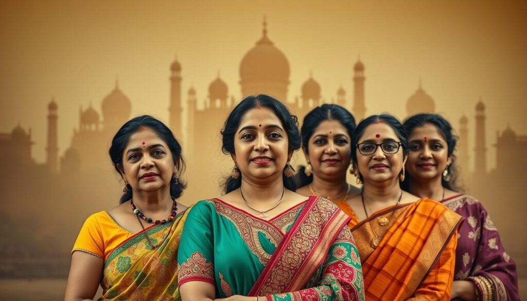 A vibrant group portrait of five accomplished Indian women role models, captured in a warm, natural lighting. The women are positioned in the foreground, adorned in intricate, colorful traditional attire that reflects their diverse cultural heritage. In the middle ground, a hazy, dreamlike backdrop of iconic Indian landmarks and artistic motifs subtly emerges, creating a sense of timeless elegance. The overall mood is one of empowerment, grace, and a celebration of the women's trailblazing achievements in the arts and culture. A cinematic, 50mm lens perspective lends an intimate, almost documentary-style feel to the scene. A vibrant group portrait of five accomplished Indian women role models, captured in a warm, natural lighting. The women are positioned in the foreground, adorned in intricate, colorful traditional attire that reflects their diverse cultural heritage. In the middle ground, a hazy, dreamlike backdrop of iconic Indian landmarks and artistic motifs subtly emerges, creating a sense of timeless elegance. The overall mood is one of empowerment, grace, and a celebration of the women's trailblazing achievements in the arts and culture. A cinematic, 50mm lens perspective lends an intimate, almost documentary-style feel to the scene.