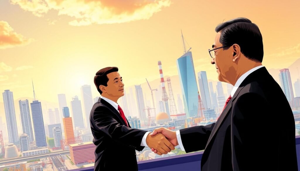 A vibrant illustration of the advantages of privatization, showcasing a bustling city skyline with modern skyscrapers, efficient transportation systems, and thriving businesses. In the foreground, a well-dressed businessman shakes hands with a government official, symbolizing the synergy between the private and public sectors. The middle ground features a diverse array of industries, from technology hubs to manufacturing plants, all operating with increased productivity and innovation. The background is bathed in a warm, golden light, conveying a sense of economic prosperity and growth. The scene is captured through a wide-angle lens, emphasizing the scale and scope of the privatization's impact on the economy.