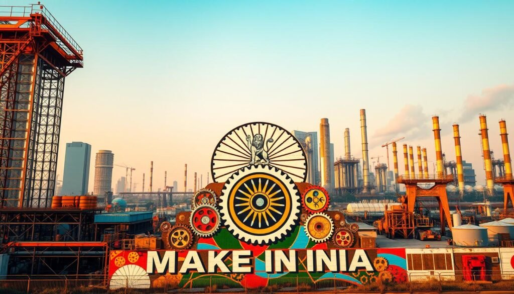 A vibrant, large-scale mural depicting the "Make in India" initiative dominates the foreground. The mural features a majestic lion, the national emblem, rising from a geometric pattern of gears and cogs, symbolizing the growth and industrialization of India. The background showcases a cityscape of towering skyscrapers and bustling factories, illuminated by warm, golden lighting that casts long shadows, creating a sense of energy and progress. The composition is balanced, with the mural taking center stage, while the cityscape provides a dynamic, industrialized backdrop. The overall scene conveys India's commitment to manufacturing, economic development, and technological advancement.